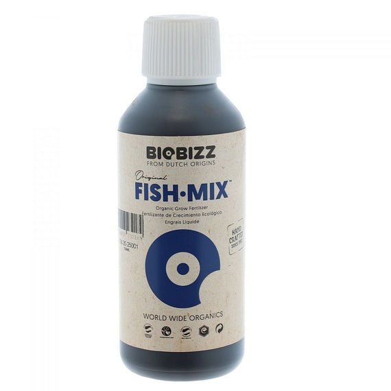 Flacon de 250 ml d'engrais Fish-Mix BioBizz, étiquette bleue au poisson