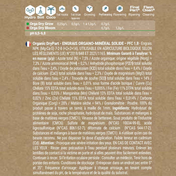 Dos du sachet d'engrais en poudre : tableau des doses par stade, composition et mentions bio