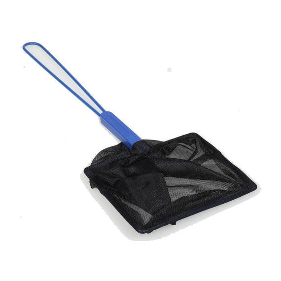Schwarzes feinmaschiges Netz eines JBL Keschers, flach hingelegt, blauer Stiel