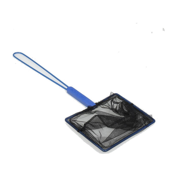Filet noir à mailles larges d'une épuisette JBL posé à plat, cadre bleu