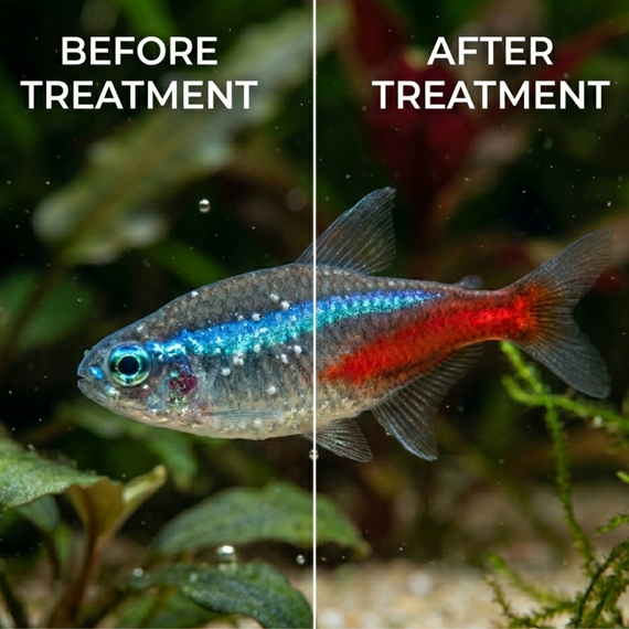 Avant / après traitement eSHa EXIT contre les points blancs sur les poissons d'aquarium