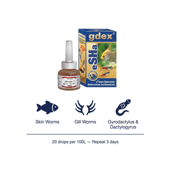 eSHa GDEX — traitement des vers cutanés, branchiaux et Gyrodactylus/Dactylogyrus, 20 gouttes pour 100 L pendant 3 jours
