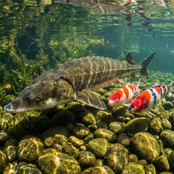Esturgeon et carpes koï dans le même bassin, les koïs en pleine eau et l'esturgeon au ras du fond