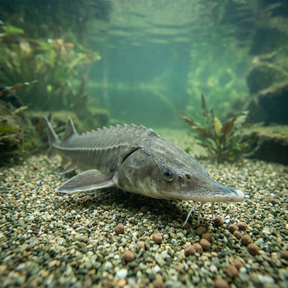 Esturgeon cherchant des granulés coulants sur le gravier au fond d'un bassin