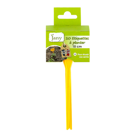 Sachet d'étiquettes de jardin jaunes de 15 cm à piquer, présentées sous blister avec leur carton d'emballage vert