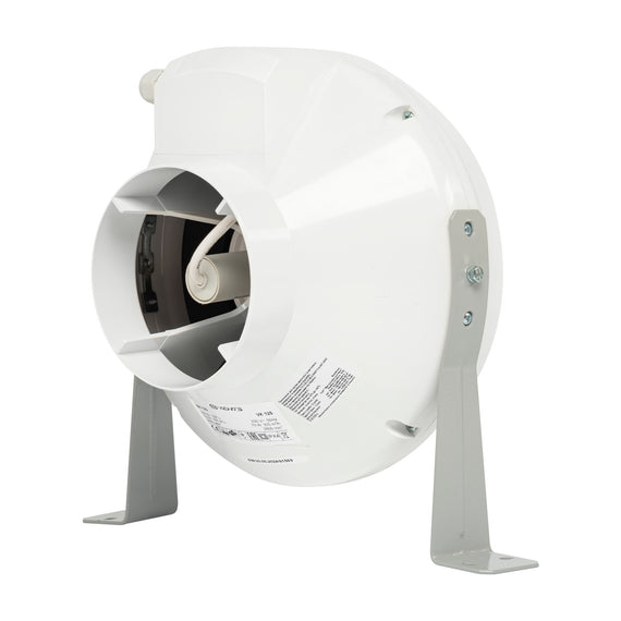 Extracteur de gaine centrifuge Vents VK 125 en plastique blanc, sur ses pattes de fixation