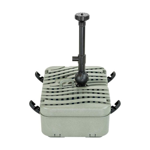 Filtre de bassin immergé gris à grille ondulée, tube de fontaine vertical et clips noirs de fermeture
