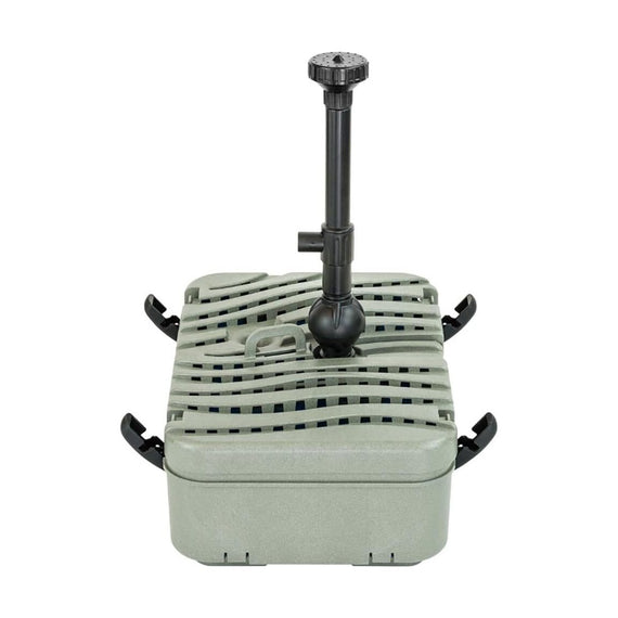 Filtre de bassin immergé gris à grille ondulée, tube de fontaine vertical et clips noirs de fermeture