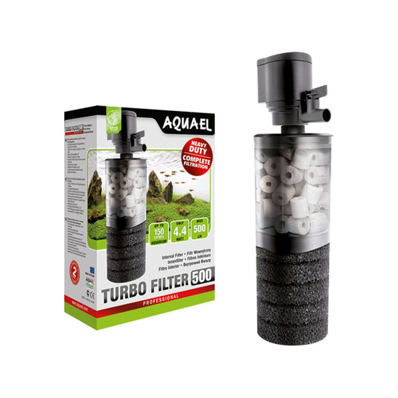 Innenfilter Aquael TURBO FILTER 500 neben seiner Verpackung, für Aquarien bis 150 Liter