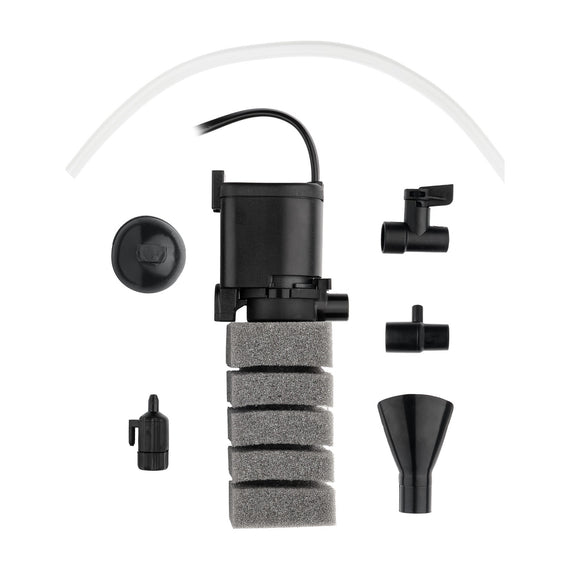 Lieferumfang des Filters Aquael TURBO MINI: Pumpe, dichter Schaumstoff, Saugnapf, Richtdüse, Luftverbinder und Luftschlauch