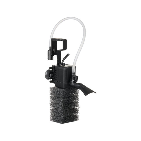 Filtre interne Aquael PAT MINI 400 L/h de trois quarts sur fond blanc, mousse filtrante, support à ventouses et tuyau d'aération
