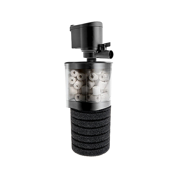 Filtre interne Aquael TURBO FILTER 1000 assemblé sur fond blanc, chambre à masses filtrantes garnie de céramique et anneaux de mousse