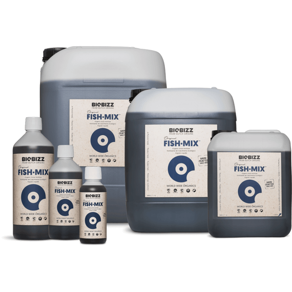 Gamme des contenances de Fish-Mix BioBizz, du flacon au bidon