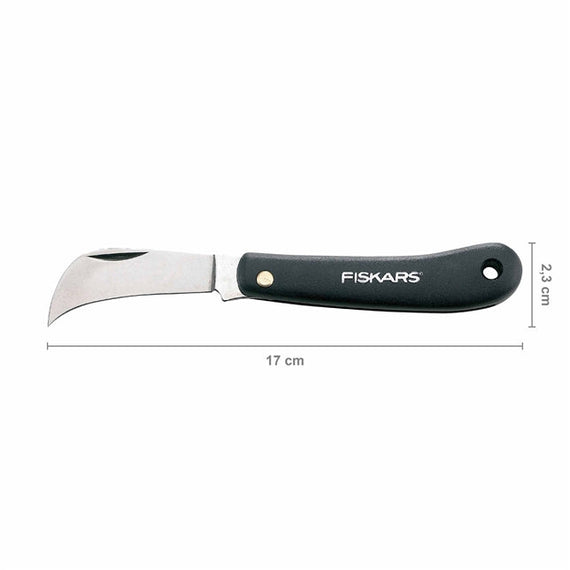 Couteau serpette Fiskars K62, manche noir et rivet en laiton