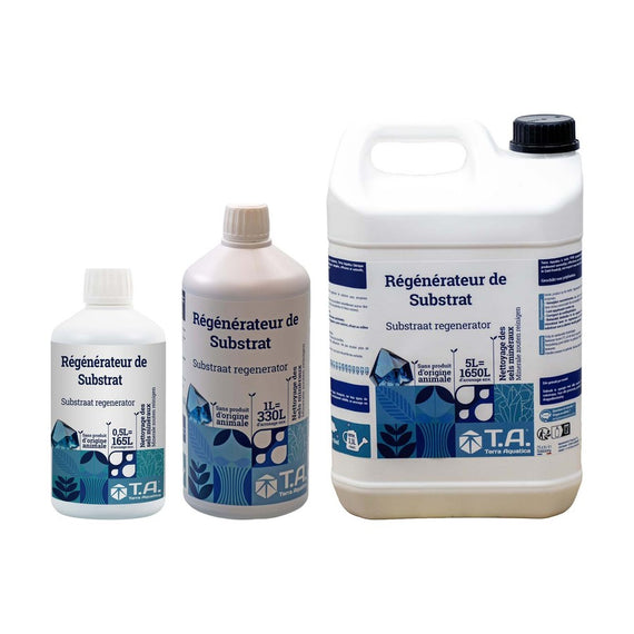 Les trois formats du régénérateur de substrat côte à côte, 500 ml, 1 L et 5 L