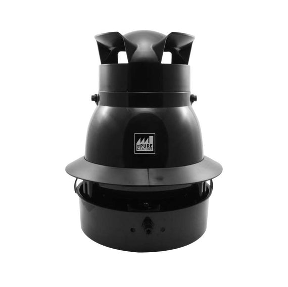Humidificateur Pure Fogger noir en forme de dôme, vu de face avec son déflecteur de brume au sommet