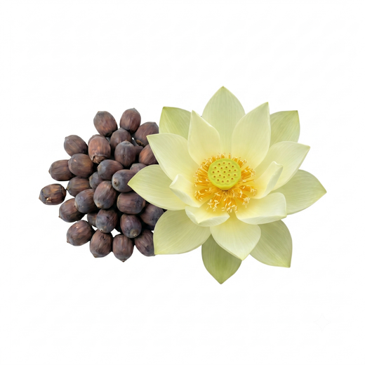 Graines de lotus géant Sunburst Nelumbo nucifera — grande fleur jaune crème et lot de graines noires à scarifier