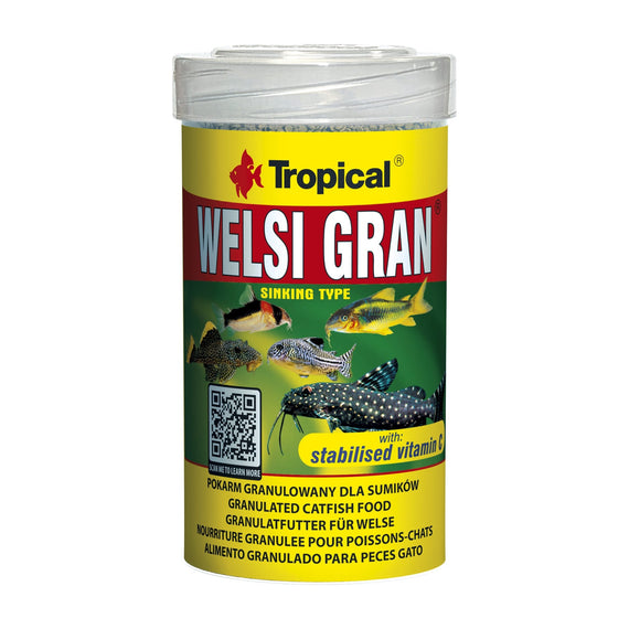 Krabička o objemu 100 ml potápivých granulí Tropical Welsi Gran pro ryby žijící u dna