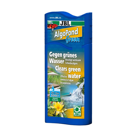 Flacon bleu de traitement anti-algues contre l'eau verte pour bassin de jardin, étiquette illustrée d'un bassin