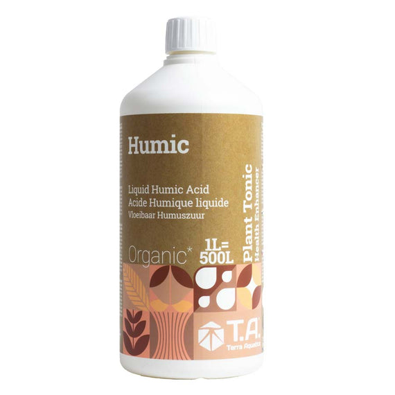 Flacon de 1 L d'acide humique liquide, étiquette kraft et orangée