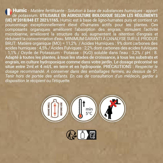 Dos de l'étiquette de l'acide humique : composition, dose et précautions d'emploi