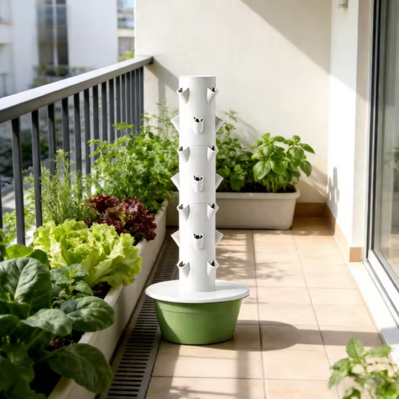 Tour de culture hydroponique sur balcon avec plantes et salades cultivées hors sol en milieu urbain