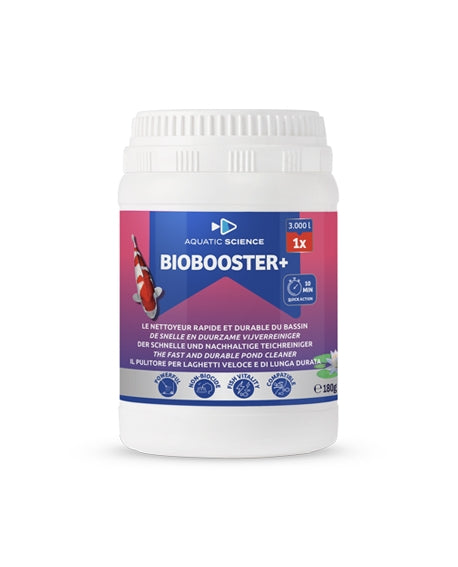 Barattolo di BIOBOOSTER+ da 180 g per 3 000 litri, etichetta rosa e blu, su sfondo bianco