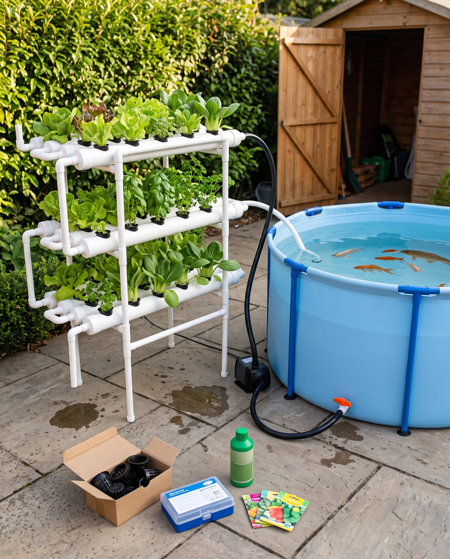 Système NFT d'aquaponie au jardin, relié à un bassin