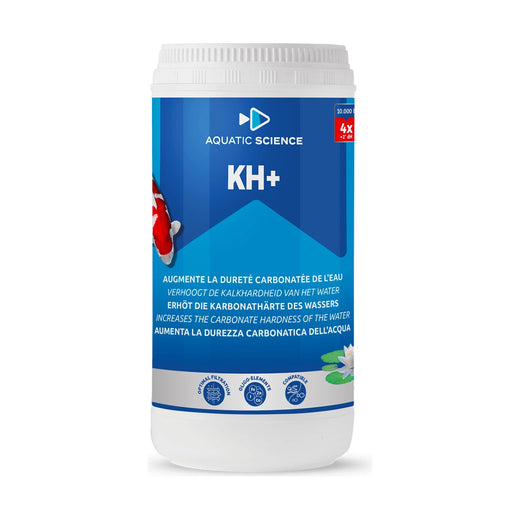 Pot blanc et bleu de correcteur KH+ pour bassin, étiquette illustrée d'une carpe koï et d'un nénuphar