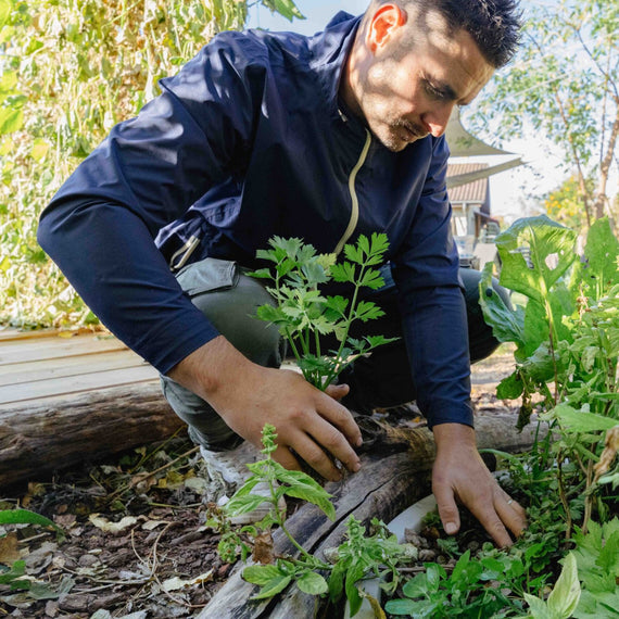 Jardinier accroupi au bord du lit de culture, en train d'entretenir les plants d'un système enterré