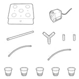 Pièces du kit de conversion en dessin : couvercle à 5 trous, pompe immergée, raccord en Y, deux rampes et 5 paniers