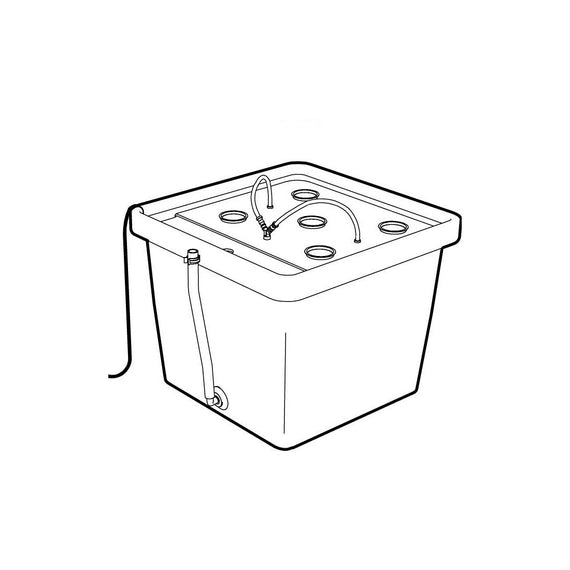 Dessin du réservoir de 45 L converti, couvercle à 5 paniers de 5 cm et deux rampes au-dessus