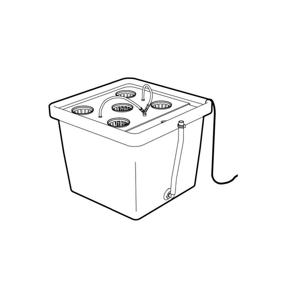 Dessin du réservoir de 45 L converti, couvercle à 5 paniers de 8 cm et deux rampes au-dessus