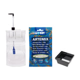 Hobby brine shrimp hatching kit comprising the Artemia Breeder hatchery, a sachet of Artemix and an artemia sieve