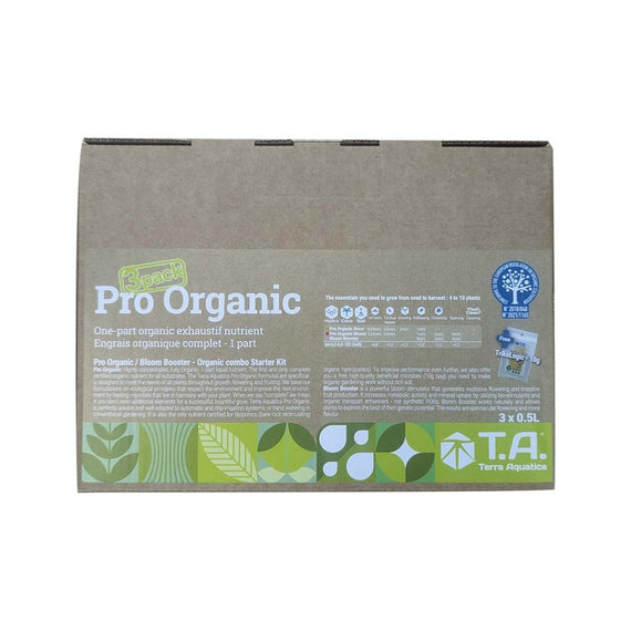 Boîte du kit d'engrais bio Pro Organic, face avant avec le tableau des doses