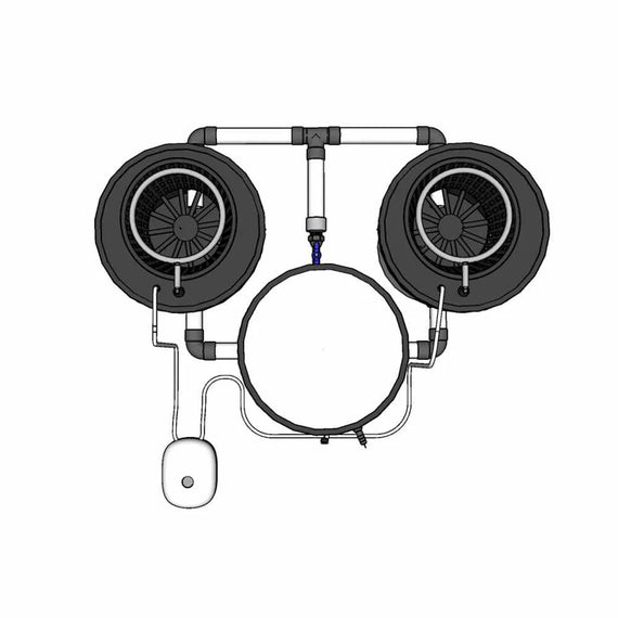 Top-down plan of the RDWC kit with watering rings, two pots connected to the controller and the air pump
