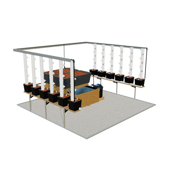 Kit acuapónico para invernadero Grow, 12 torres verticales y dos bancales sobre el estanque