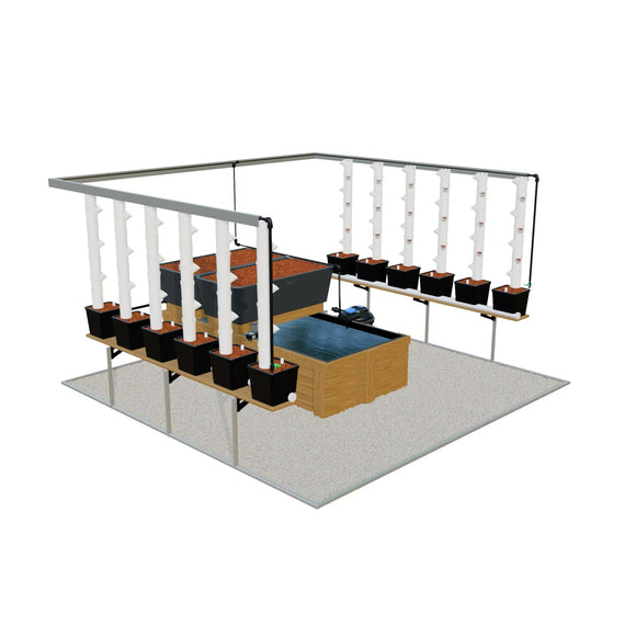 Kit acuapónico para invernadero Passion, 12 torres verticales y dos bancales de cultivo