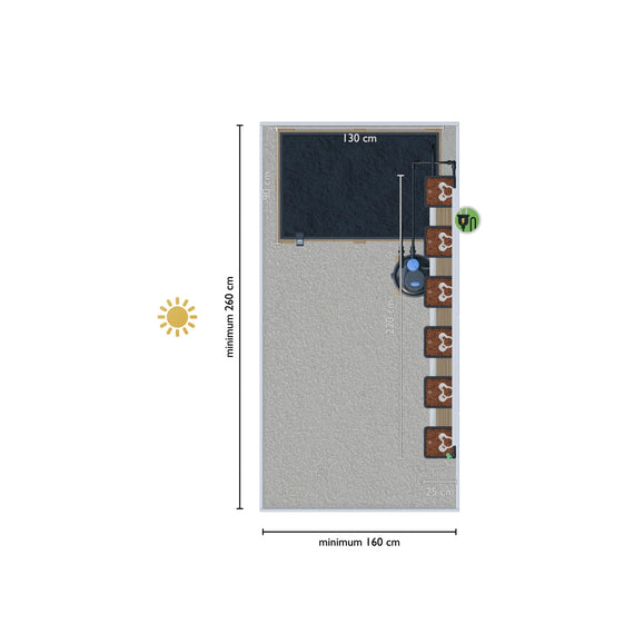 Plano de instalación del kit acuapónico en un invernadero de 260 × 160 cm como mínimo