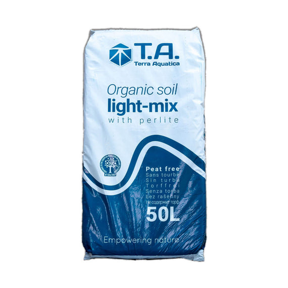 Saco de 50 L de sustrato ligero sin turba Terra Aquatica Light-Mix, en posición vertical visto de frente.