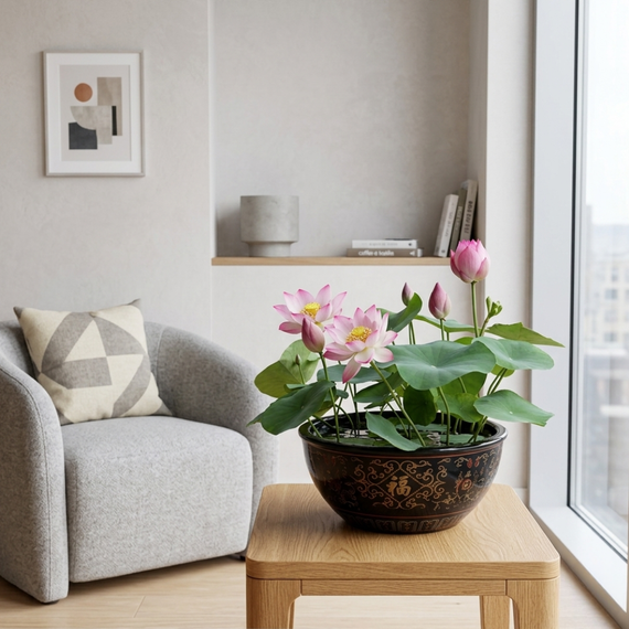 Lotus bonsaï Nelumbo nucifera nain — floraison rose en bol décoratif posé sur table basse de salon contemporain lumineux