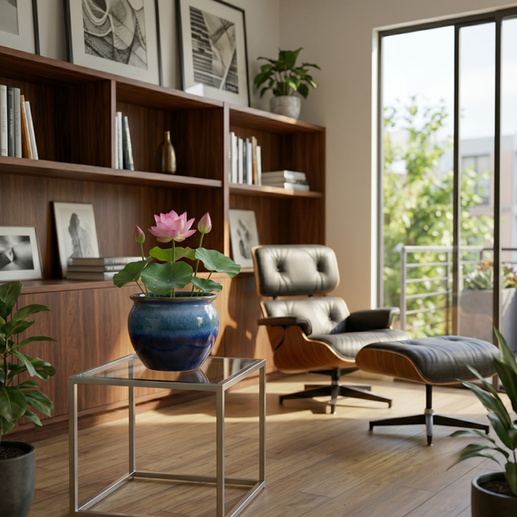 Lotus bonsaï Nelumbo nucifera nain — fleur rose en pot bleu glaçuré dans intérieur moderne près d'une baie vitrée