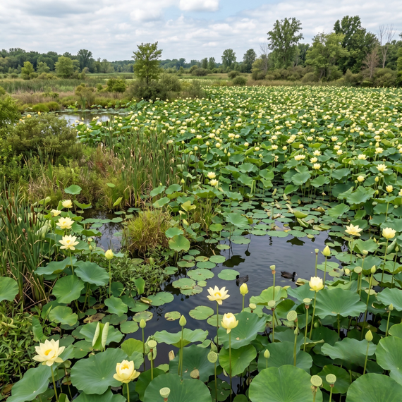 Lotus jaune Nelumbo lutea américain — floraison massive de fleurs jaunes en bassin paysager végétalisé