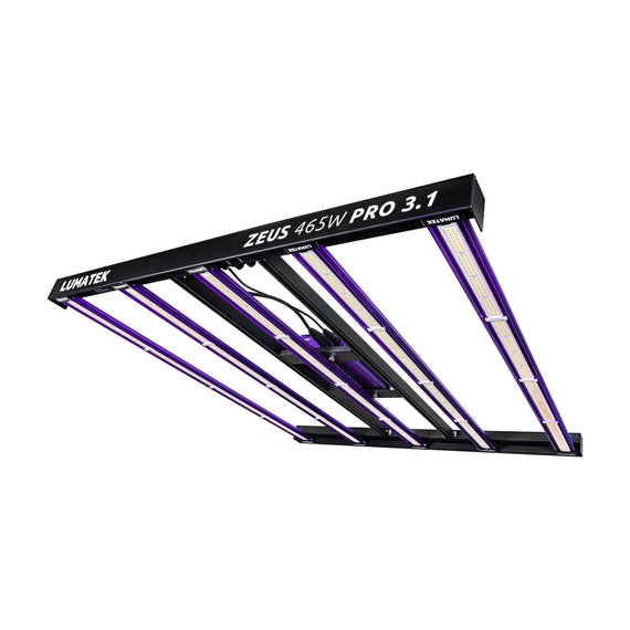 Luminaire LED Lumatek Zeus 465 W Pro vu de trois quarts, barres dépliées