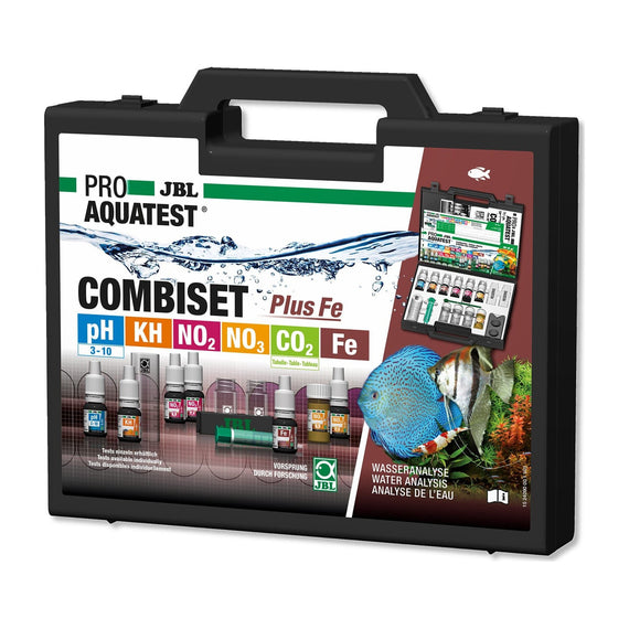 JBL ProAquaTest CombiSet Plus Fe test case closed, with the pH, KH, NO2, NO3, CO2 and Fe parameters on the front