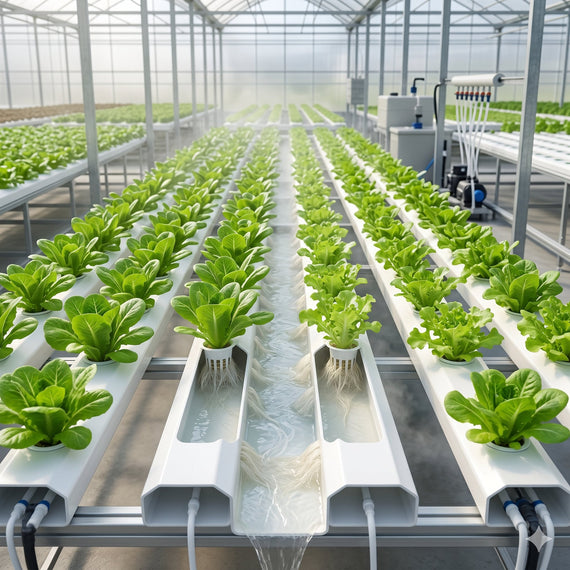 Système hydroponique NFT avec gouttières blanches et salades en culture continue