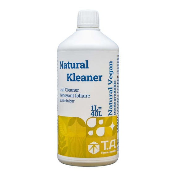 Flacon blanc de 1 L de nettoyant foliaire Natural Kleaner, étiquette jaune, vu de face sur fond blanc