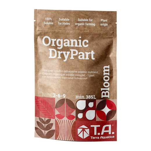500 g kraft bag of Organic DryPart Bloom, powdered organic flowering fertiliser NPK 3-6-9
