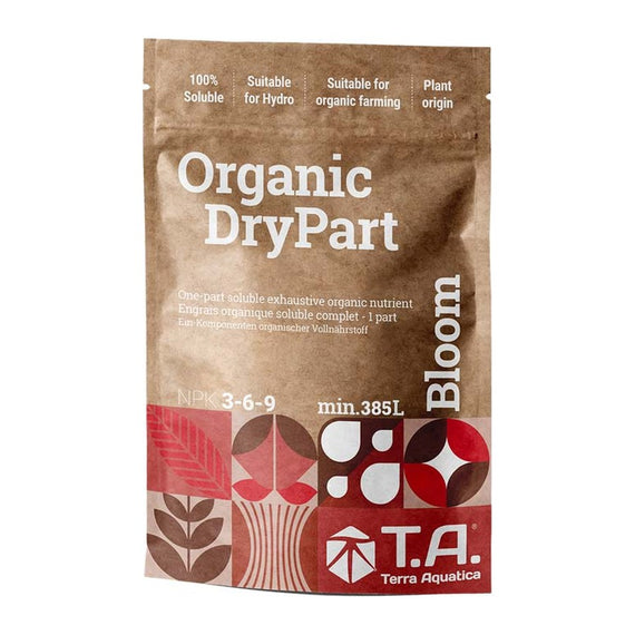Sachet kraft de 500 g d'Organic DryPart Bloom, engrais bio de floraison en poudre NPK 3-6-9