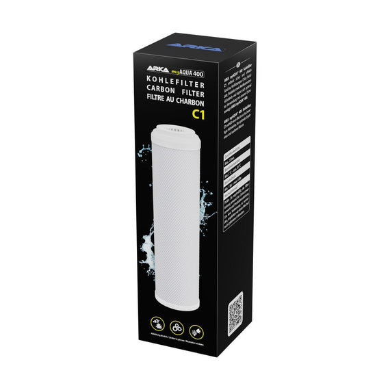 Filtre à charbon C1 pour osmoseur de 400 L par jour, présenté devant sa boîte noire